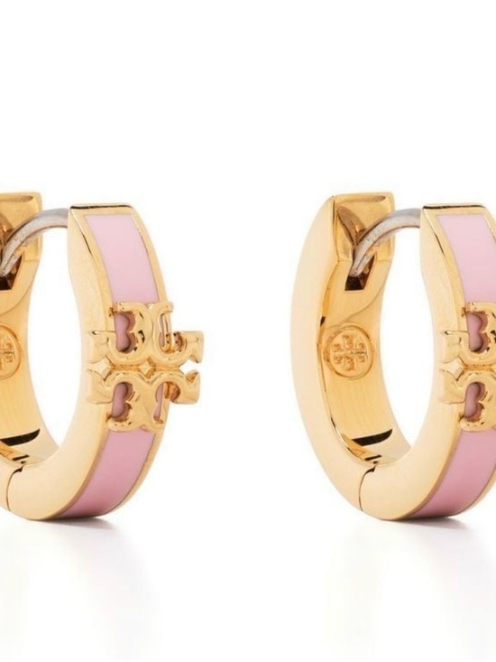 Tory Burch Jewelry - Tory Burch Pink Enamel Gold-Tone Logo Huggie Earrings